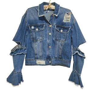 Womens Y2K Flare Sleeve Cutout Distressed Denim Jean Jacket Large Festival 90s